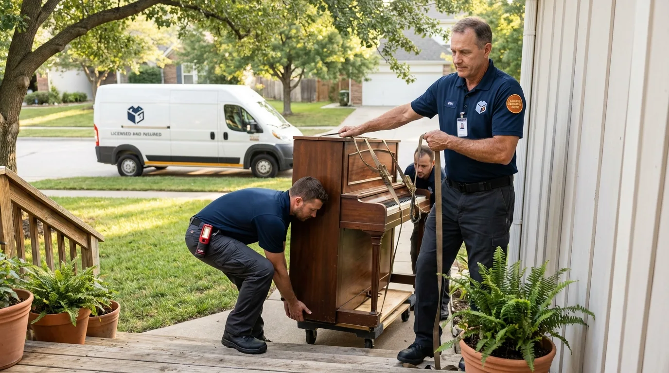 Licensed piano movers securing grand piano in Brooksville, FL