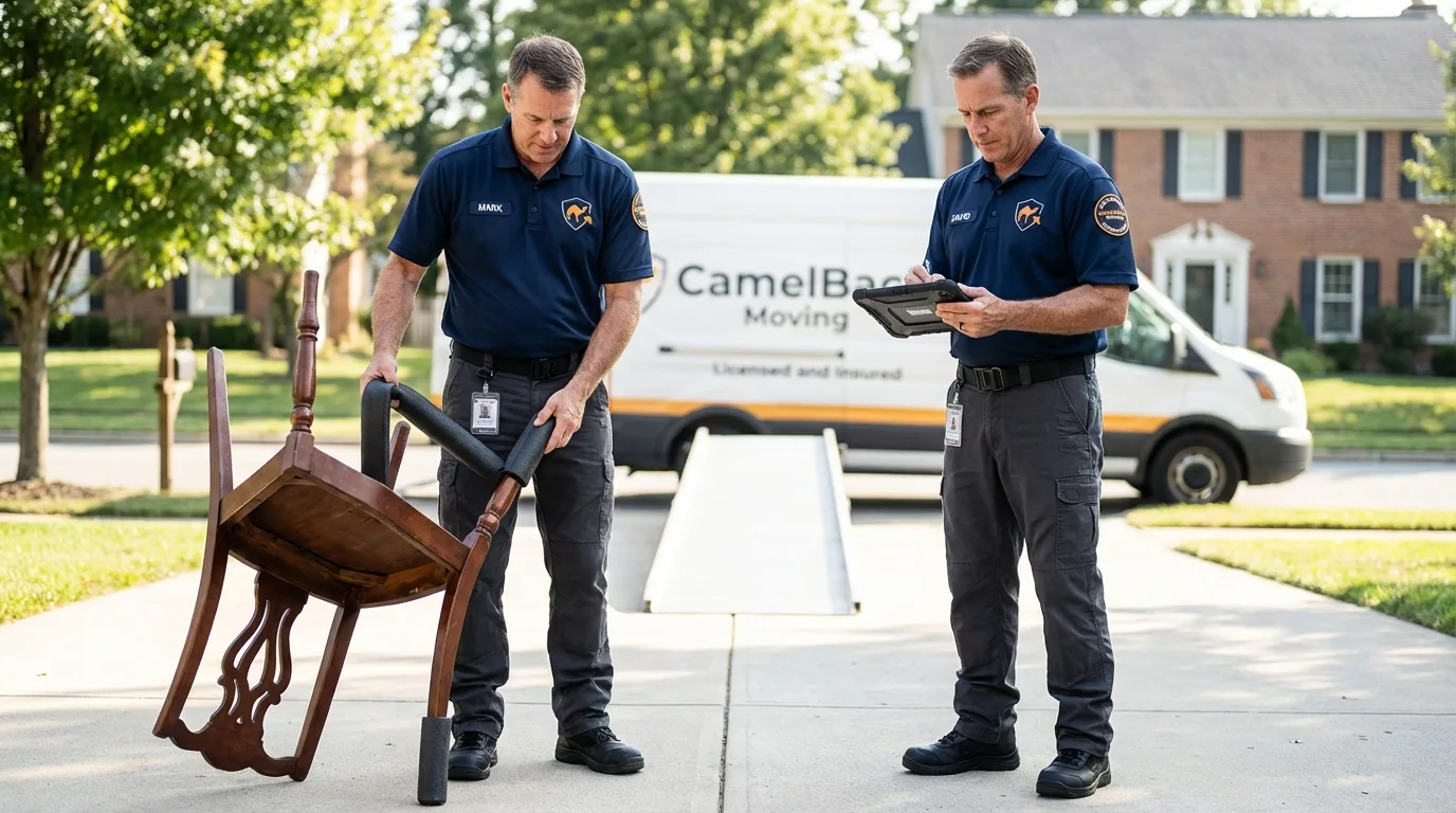 Movers inspecting furniture for damage prevention before loading in Brooksville, FL